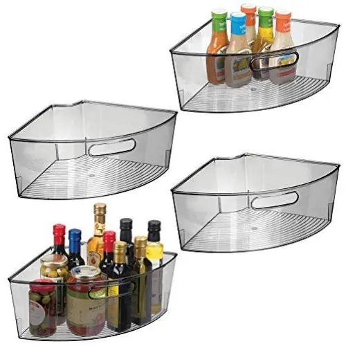 mDesign Kitchen Cabinet Plastic Lazy Susan Storage Organizer Bins with Front Handle - Large Pie-Shaped 1/4 Wedge, 6" Deep Container - Food Safe, BPA Free, 4 Pack - Smoke Gray