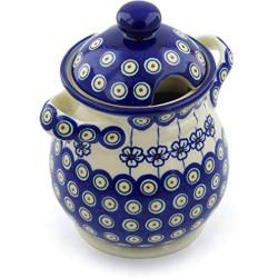 Polish Pottery 8-inch Jar with Lid and Handles (Flowering Peacock Theme) + Certificate of Authenticity