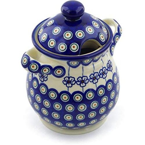 Polish Pottery 8-inch Jar with Lid and Handles (Flowering Peacock Theme) + Certificate of Authenticity