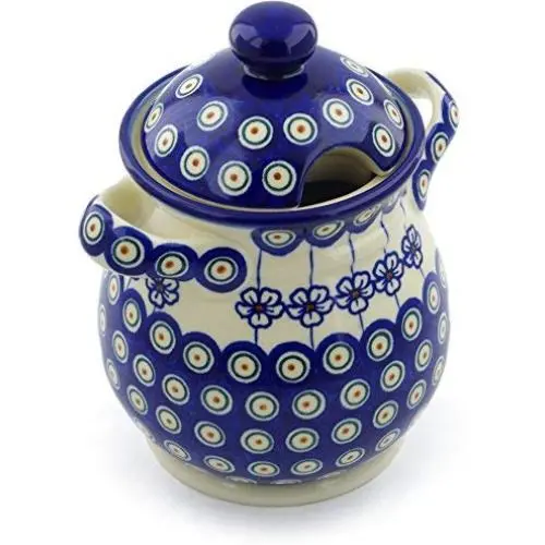 Polish Pottery 8-inch Jar with Lid and Handles (Flowering Peacock Theme) + Certificate of Authenticity Polish Pottery 8-inch Jar with Lid and Handles (Flowering Peacock Theme) + Certificate of Authenticity