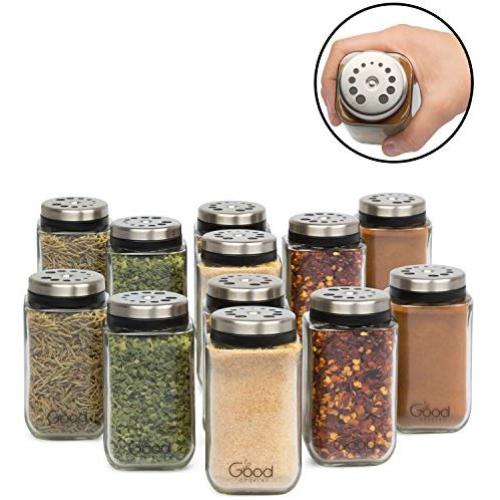 Adjustable Glass Spice Jars- Set of 12 Premium Seasoning Shaker Rub Container Tins with 6 Pouring Sizes