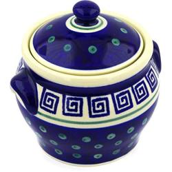 Polish Pottery 5?-inch Jar with Lid and Handles (Greek Key Theme) + Certificate of Authenticity