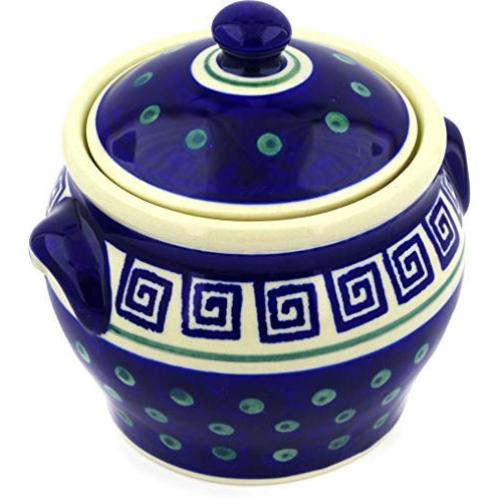 Polish Pottery 5?-inch Jar with Lid and Handles (Greek Key Theme) + Certificate of Authenticity