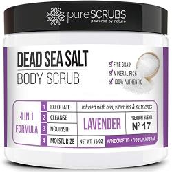 pureSCRUBS Premium Organic Body Scrub Set - Large 16oz LAVENDER BODY SCRUB - Dead Sea Salt Infused Organic Essential Oils & Nutrients INCLUDES Wooden Spoon, Loofah & Mini Organic Exfoliating Bar Soap