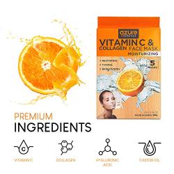 AZURE Vitamin C & Collagen Moisturizing Sheet Face Mask - Reduces Signs of Aging | Deeply Moisturizing & Firming | Improves Elasticity | Made in Korea - 5 Pack