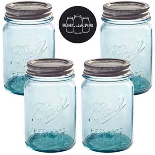 Ball Mason Jars 16 oz Regular Mouth Turquoise Colored Glass Bundle with Non Slip Jar Opener- Set of 4 Pint Size Mason Jars - Canning Glass Jars with Lids