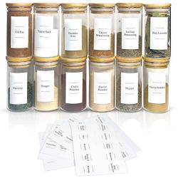 12 Piece- Eco-friendly Bamboo Lid Glass Spice Jar Set with 84-Minimalist Pre-Printed Waterproof Spice Labels, 16-Blank Labels– For Spices, Seasoning, Herb Storage and Kitchen Organization