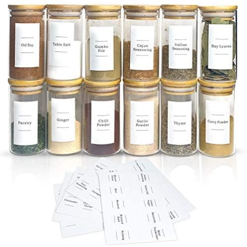 12 Piece- Eco-friendly Bamboo Lid Glass Spice Jar Set with 84-Minimalist Pre-Printed Waterproof Spice Labels, 16-Blank Labels– For Spices, Seasoning, Herb Storage and Kitchen Organization