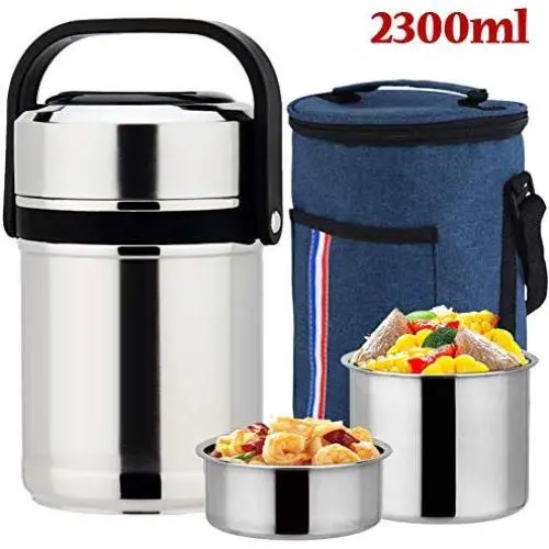 Lebensmittelbehälter, Vakuumisolierter Edelstahl-Lunchbox, BPA-freie Schale mit Aufbewahrungstasche, für Kinder und Erwachsene, 2,3L