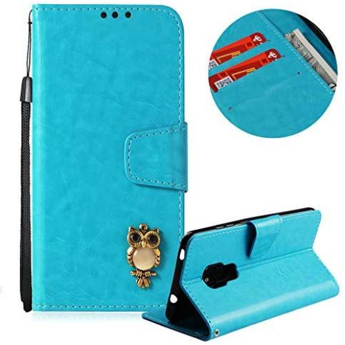 Soft PU Leather Wallet Case for Huawei Mate 20,Flip Stand Case for Huawei Mate 20,Moiky Classic Retro Blue 3D Owl Design Solid Color Purse Folio Magnetic Cover with Wrist Strap