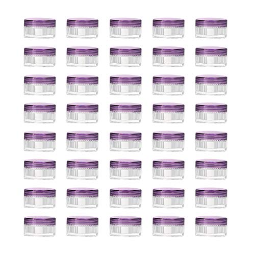 LONGWAY 0.1 Oz (3g) Muticolor Small Plastic Jars with Lids | Mini Empty Lotion Containers - for Travel Cream Samples, Lip Balm & BPA Free (Pack of 42, Purple)