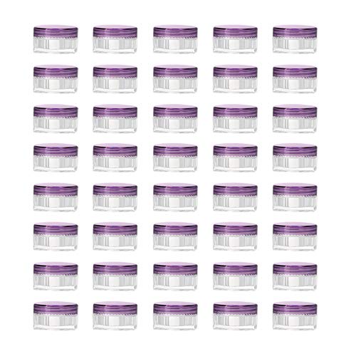 LONGWAY 0.1 Oz (3g) Muticolor Small Plastic Jars with Lids | Mini Empty Lotion Containers - for Travel Cream Samples, Lip Balm & BPA Free (Pack of 42, Purple)