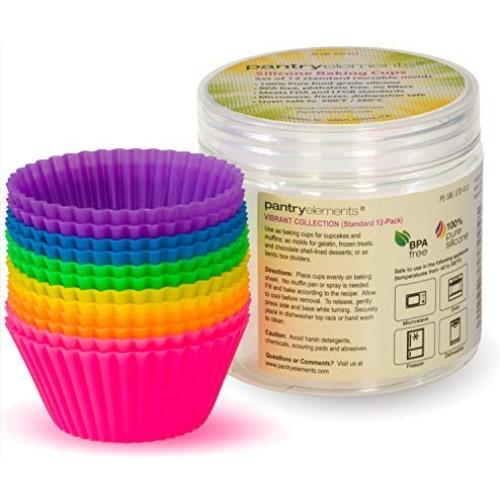 Pantry Elements Silicone Cupcake Liners Baking Cups - 12 Pack Vibrant Muffin Cake Molds in Bonus Screw Top Storage Jar