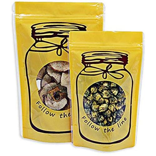 WISHDIAM Packaging Bags with Window Double Sided Yellow Ziplock Stand up Pouches with Clear Round Display Glass Jar Design 100pcs 4.0x6.0"