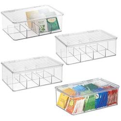 mDesign Stackable Plastic Tea Bag Holder Storage Bin Box for Kitchen Cabinets, Countertops, Pantry - Organizer Holds Beverage Bags, Cups, Pods, Packets, Condiment Accessories - 4 Pack - Clear