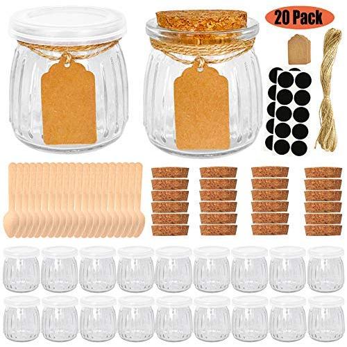 7 oz Glasstreifen Gläser mit Deckeln – Joghurtgläser – Mason Gläser für Marmelade, Honig, Gewürze. Zusätzliche 20 Korken, Schwartboard-Etiketten, Hakenbänder und 20 Holzlöffel enthalten.