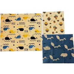 Beeswax Food Wraps Assorted Set of 3, Eco Friendly,100% Cotton fabric, All natural, 1 Small, 1 Medium, 1 Large, Fun prints: Whales, Bees, Foxes