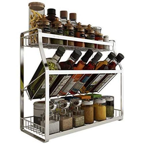 KTOL Stainless Steel Kitchen Spice Rack Organizer, Countertop Storage Organizer Bottle Jars Rack Shelf Holder Rack-3-tier 17.7in