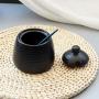 Japanese Vintage Matte Pure Black Ceramic Sugar Bowl Sugar Dispenser Salt Pot Pepper Storage Jar Seasoning Pot Container Condiment Box with Lid and Spoon, 11.2 Oz