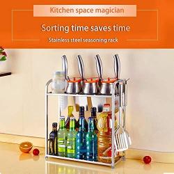 Kitchen Stainless Steel Rack,2-Tier Standing Rack Kitchen Bathroom Countertop Storage Organizer Spice Jars Bottle Shelf Holder Rack Wall-mounted Punch-free Seasoning Shelf Tool Holder with 4 Hooks