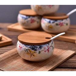 Ceramics Retro Japanese Flower Sugar Salt Pepper Storage Jar with Wood Lid And Spoon