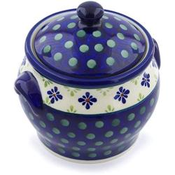 Polish Pottery 5?-inch Jar with Lid and Handles (Green Gingham Peacock Theme) + Certificate of Authenticity