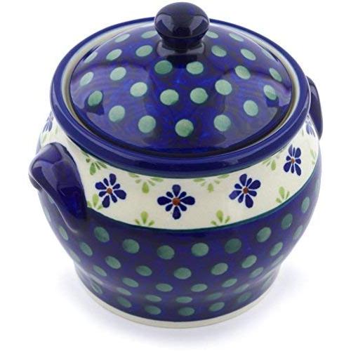 Polish Pottery 5?-inch Jar with Lid and Handles (Green Gingham Peacock Theme) + Certificate of Authenticity