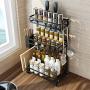 3 Tier Metal Kitchen Spice Rack Countertop Standing Corner Shelf Removable Seasoning Organizer Jars Bottle Storage Knife Utensils Cutting Board Holders with 3 Hooks, Black