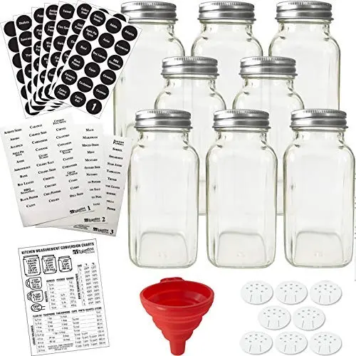 8 x XLarge 8oz Glasen Gewürzbehälter mit 2 Arten von bedruckten Gewürzlösungen. Premium-Kommerzielle Qualitätssatz: Leere quadratische Glasflasche, luftdichte Kappe, Kreide und transparente Aufkleber für Dosier-, Sieb- und Schüttel-Set von Talented Kitche