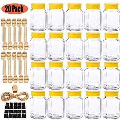 Folinstall 20 Pcs 12 oz Glass Honey Jar with Lids, Honey Containers for Storing and Dispensing Honey on Your Favorite Foods or Drinks, Extra Chalkboard Label, Tag Strings and 20 Honey Dipper Included