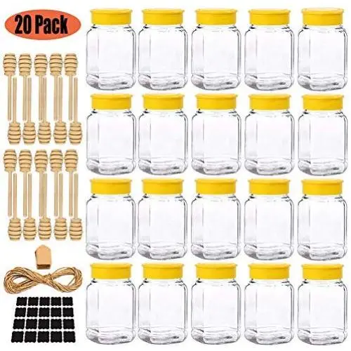 Bouteilles de miel en verre 240 ml (12 oz) - 20 pièces avec couvercles, pour stockage et service du miel sur vos aliments ou boissons préférés, avec étiquette à craie supplémentaire et 20 cuillères à miel incluses.