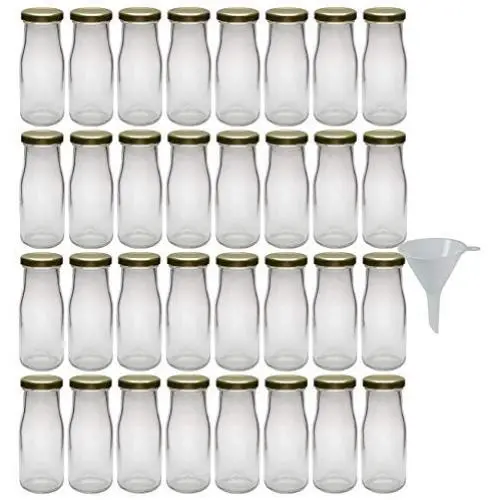 Lot de 32 petites bouteilles en verre à goulot large 156 ml + Filtre 5 cm. Lot de 32 petites bouteilles en verre à goulot large 156 ml + Filtre 5 cm.