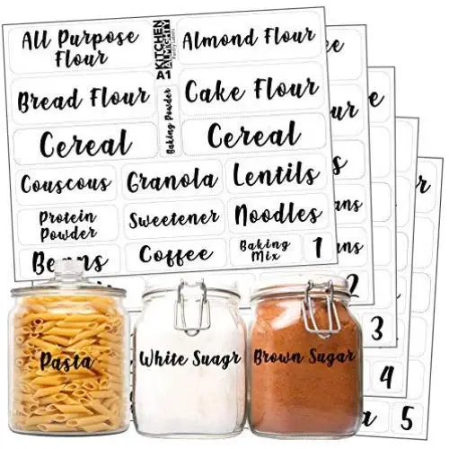 Kitchen Pantry Food Organization Clear Labels: 102 Sexy Feminine Gloss Preprinted Water Resistant Label Set to Organize Storage Containers, Jars & Canisters w/Extra Write-on Stickers