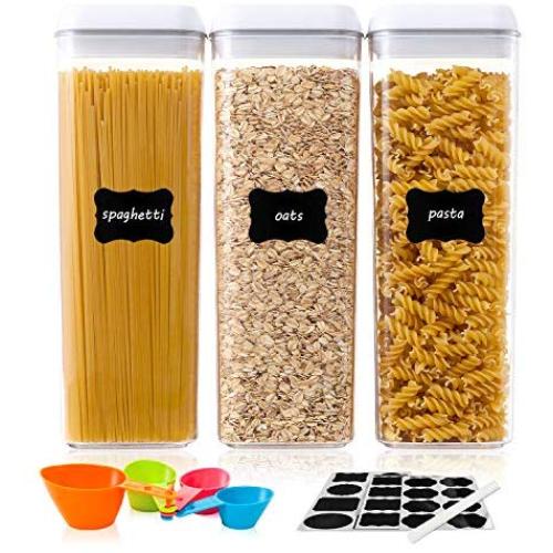 Airtight Food Storage Containers, Vtopmart 3 Pieces BPA Free Plastic Spaghetti Containers with Easy Lock Lids, for Kitchen Pantry Organization and Storage, Include 24 Labels