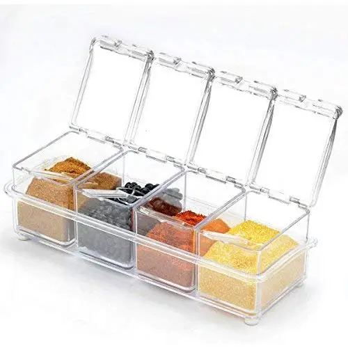 4er Acryl Gewürzboxen Set – Gewürzbehälter mit Deckeln und Löffeln – Essig- oder Ölbehälter zur Aufbewahrung von Gewürzen, Essig, Öl – 4er-Set für die Gewürzaufbewahrung
