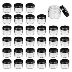 Cosmetic Containers, 32 Pcs Plastic Tiny Makeup Sample Jars with Black Lids, Clear Round Storage Jars for Make Up/Beauty Products (20ML / 0.7Oz)