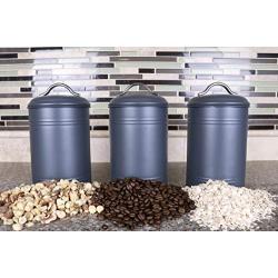 Kitchen Canisters, Set of 3 for Countertop Storage of Coffee, Food, Charcoal Grey Metal, All One-Size, Airtight Lids, Modern Farmhouse Industrial (8 Inches High with Lids, 4.5 Inches Diameter)