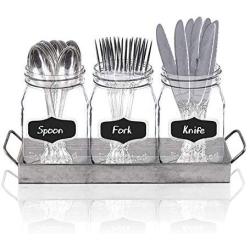 Mason Jar Flatware Caddy, Utensil Holder with Black Chalk Label on Galvanized Tray, Cutlery Organizer, Home and Party Drinkware Set