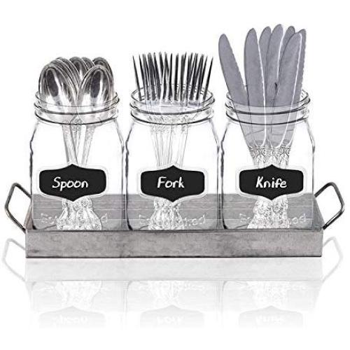 Mason Jar Flatware Caddy, Utensil Holder with Black Chalk Label on Galvanized Tray, Cutlery Organizer, Home and Party Drinkware Set