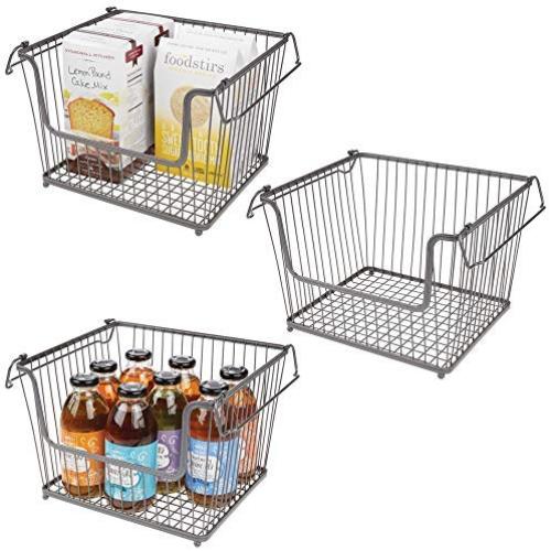 mDesign Modern Stackable Metal Storage Organizer Bin Basket with Handles, Open Front for Kitchen Cabinets, Pantry, Closets, Bedrooms, Bathrooms - Large, 3 Pack - Graphite Gray