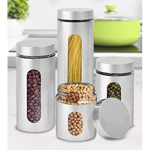 Estilo 4 Piece Brushed Stainless Steel and Glass Canisters with Window, Silver