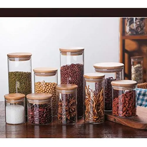 Contenant en verre pour aliments avec couvercle en bambou - 1 pièce, pour grains, noix, réservoir, boîte de rangement pour cuisine - JM 004 Contenant en verre pour aliments avec couvercle en bambou - 1 pièce, pour grains, noix, réservoir, boîte de rangement pour cuisine - JM 004