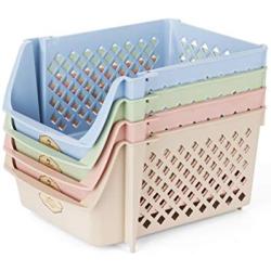 Titan Mall Stackable Storage Bins for Food, Snacks, Bottles, Toys, Toiletries, Plastic Storage Baskets Set of 4, 15x10x7 Inch/bin, Blue-Green-Pink-Khaki Color Shelf Baskets