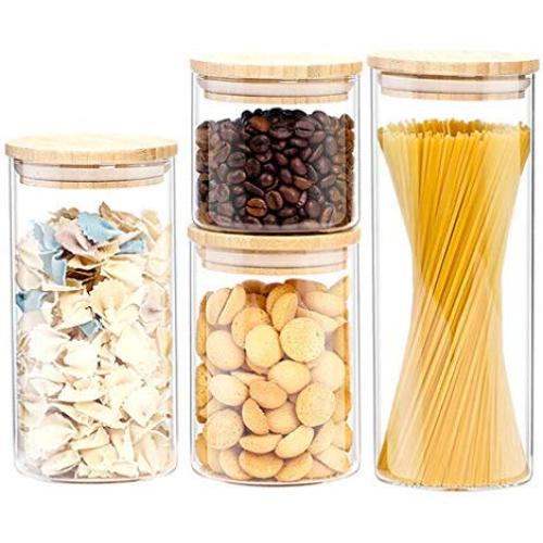 WANGLXST Food Storage Container Set, Clear Glass Jars Airtight Canister Kitchen with Bamboo Lids, for Candy, Cookie, Rice, Sugar, Flour, Pasta, Nut, Transparent