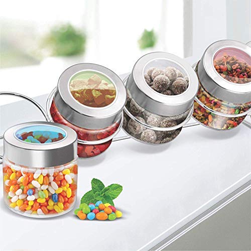 Satisfactory nation Treo Delfy Storage Glass Jar Set with Color Lids and Stainless Steel Stand Canister Set Glass Container Set Glass Jars for Candies Chocolate Almonds Much More 100 ml Each Set of 4 Satisfactory nation Treo Delfy Storage Glass Jar Set with Color Lids and Stainless Steel Stand Canister Set Glass Container Set Glass Jars for Candies Chocolate Almonds Much More 100 ml Each Set of 4