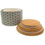 Gastro Chic Ikat Connected Stars Kitchen Jars, Set of 2, For Cookies, Dry Goods, Canisters, White Glazed Ceramic, Wooden Tops, Rustic Golden Bronze and White, 6 1/4 and 5 Inches Diameter