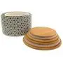 Gastro Chic Ikat Connected Stars Kitchen Jars, Set of 2, For Cookies, Dry Goods, Canisters, White Glazed Ceramic, Wooden Tops, Rustic Golden Bronze and White, 6 1/4 and 5 Inches Diameter