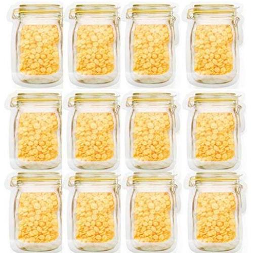 Mason Jar Zipper Bags Stand-Up Food Storage Snack Sandwich Ziplock Bags Reusable Airtight Seal Food Storage Bags Leakproof Food Saver Bags (12 x Small)