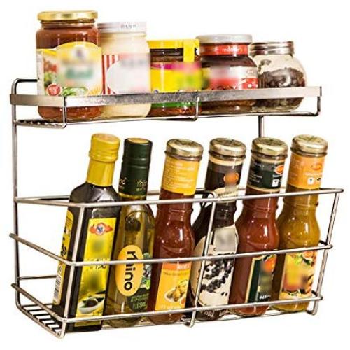 Kitchen Organization Spice Rack Wall Mounted Stainless Steel Shelf Hanging Basket Holder Seasoning Baskets Jars Storage Display For Bathroom