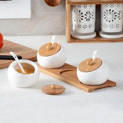 Ceramic condiments jar household seasoning box wooden tray spice jar soy sauce pot salt sugar single can kitchen seasoning tool,1pcs1